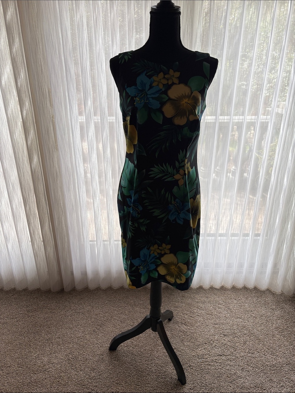 Floral Sheath Mini Dress in Black with Yellow & Teal Blooms